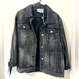 Savanna Jane oversized black denim jacket with fringe